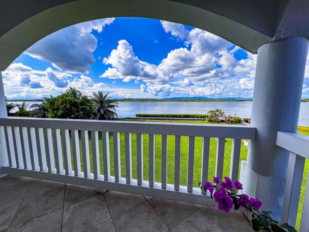 The balcony of a lagoon side unit for sale at Umaya Resort